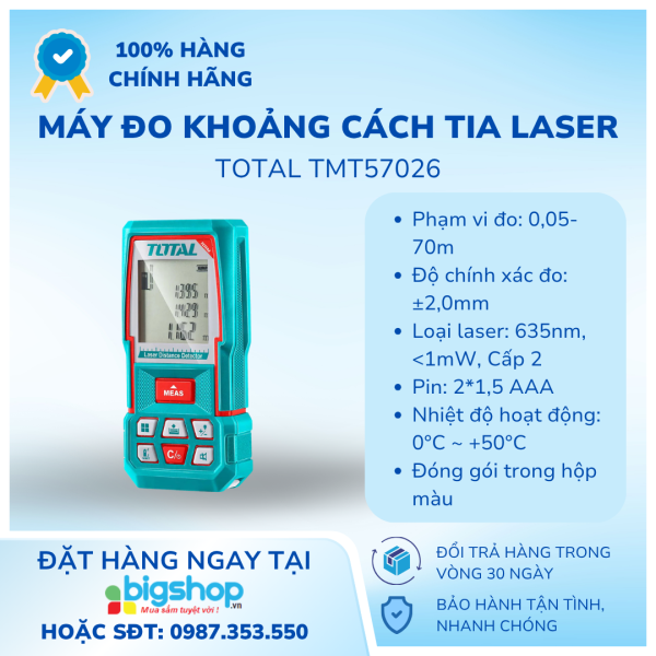 Máy Đo Khoảng Cách Tia Laser Total TMT57026, 70m