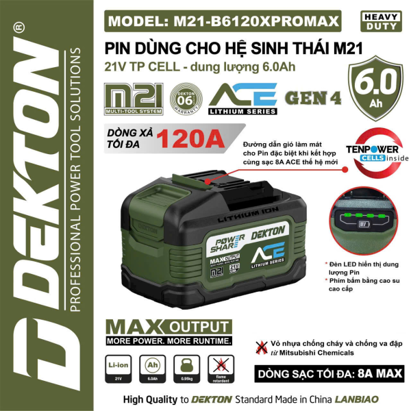Pin Dekton Gen 4 M21-B6120XProMax 21V 6.0Ah – Dòng Xả Cao