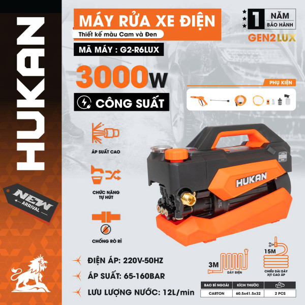 Máy Rửa Xe Điện HUKAN G2-R6LUX – 3000W, Có Chỉnh Áp, Áp Lực 160 Bar