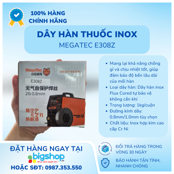 Dây hàn thuốc Inox Megatec E308Z, không dùng khí 1kg size 0.8mm hoặc 1.0mm