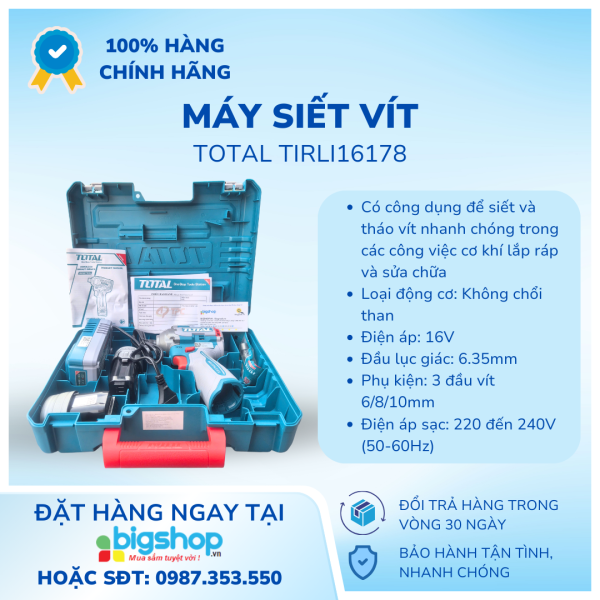 Máy Siết Vít Không Chổi Than TOTAL TIRLI16178 16V – 170Nm, 2 Pin 2.0Ah, Chính Hãng