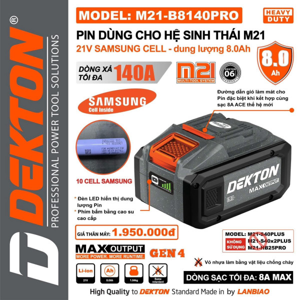 PIN DEKTON 21V 8.0Ah M21 CELL SAMSUNG – PIN THẾ HỆ MỚI DUNG LƯỢNG LỚN, SẠC NHANH, XẢ MẠNH