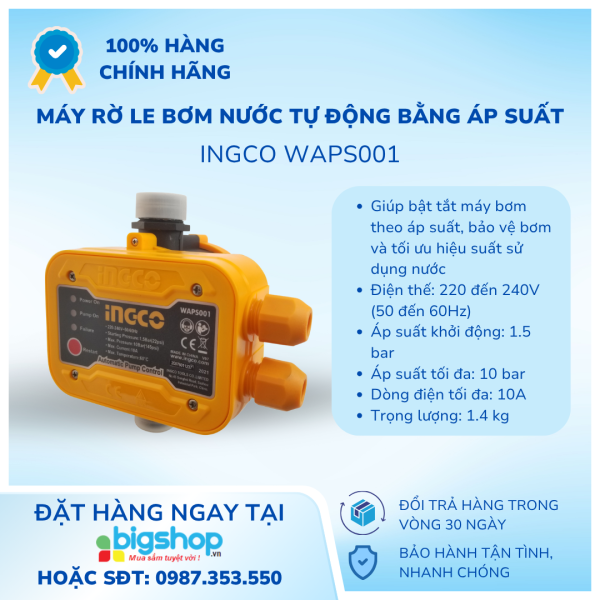 Máy Rờ Le Bơm Nước Tự Động Bằng Áp Suất INGCO WAPS001