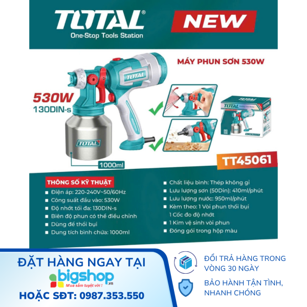 Máy Phun Sơn TOTAL TT45061 530W – Bình 1000ml – Chính hãng