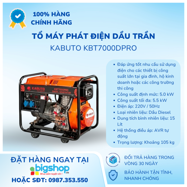 Tổ máy phát điện dầu trần 5.5kW KABUTO KBT7000DPro