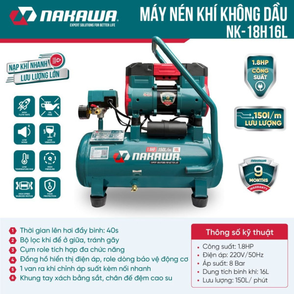 Máy nén khí không dầu, tốc nhanh, siêu êm NK-18H16L - 16 lít