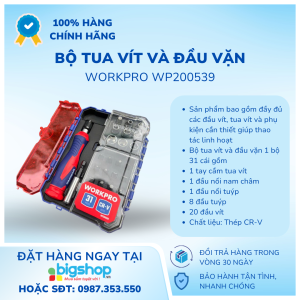 Bộ tua vít và đầu vặn 31 món Workpro WP200539