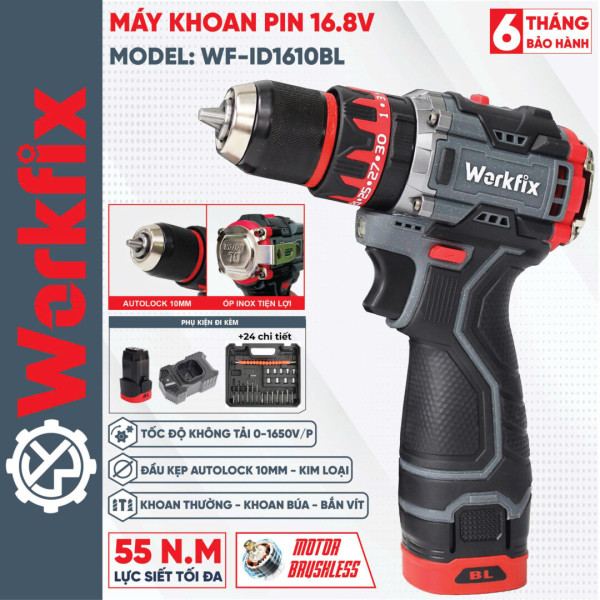 Máy khoan pin WORKFIX 16.8V WF-ID1610BL Auto lock – Khoan pin không chổi than – Tặng kèm bộ phụ kiện 24 chi tiết