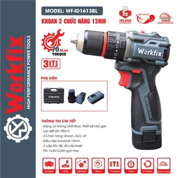  Máy khoan pin Workfix WF-ID1613BL Không Chổi Than – Đa năng Bắt vít – Khoan – Búa