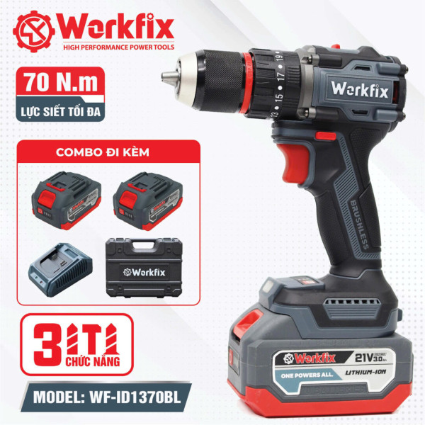 Máy khoan pin 13mm Workfix WF-ID1370BL Lực siết 70N.m Autolock Không chổi than – Bộ 2 Pin 10Cell – Chân pin phổ thông Makita