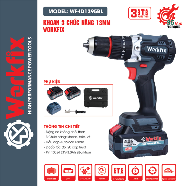 Máy Khoan Tường 13mm WORKFIX WF-ID1395BL – KHÔNG CHỔI THAN – Chuyên Khoan Tường, Khoan Rút Lõi, Bắt Vít