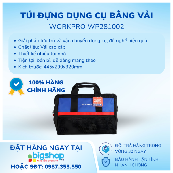 Túi đựng dụng cụ bằng vải dệt, kích thước 445mm (18 inches) Workpro WP281002