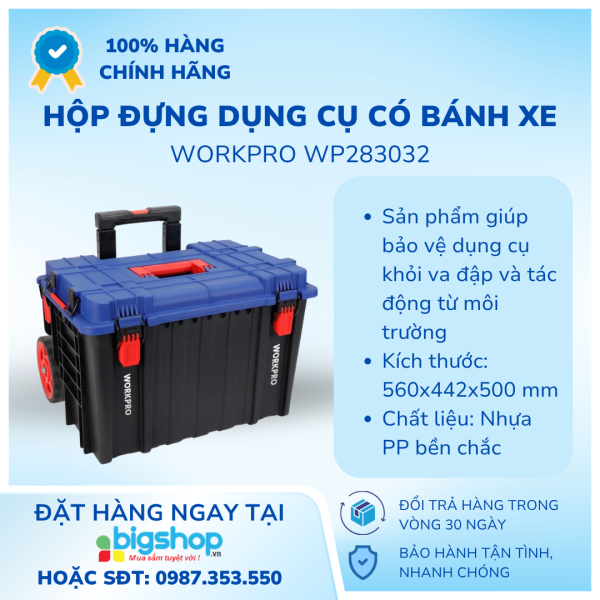 Hộp đựng dụng cụ bằng nhựa có bánh xe, có thể xếp chồng Workpro WP283032