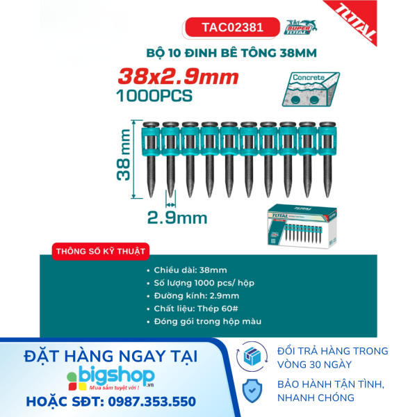 Bộ 10 đinh bê tông 38mm TOTAL TAC02381
