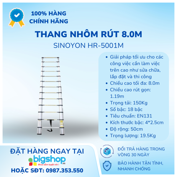 Thang nhôm rút 8.0M, 18 bậc SINOYON HR-5001M