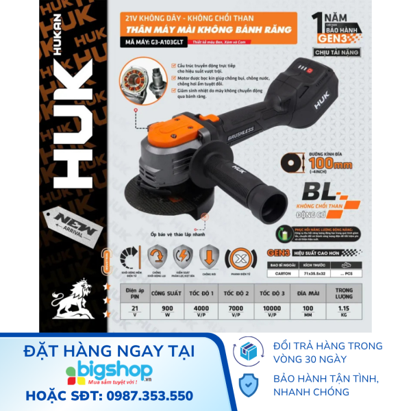Máy mài pin 21V không bánh răng HUKAN G3-A103GLT (Thân máy)