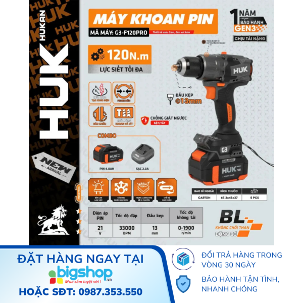Máy khoan pin 21V HUKAN G3-F120PRO (GEN 3, 120Nm)
