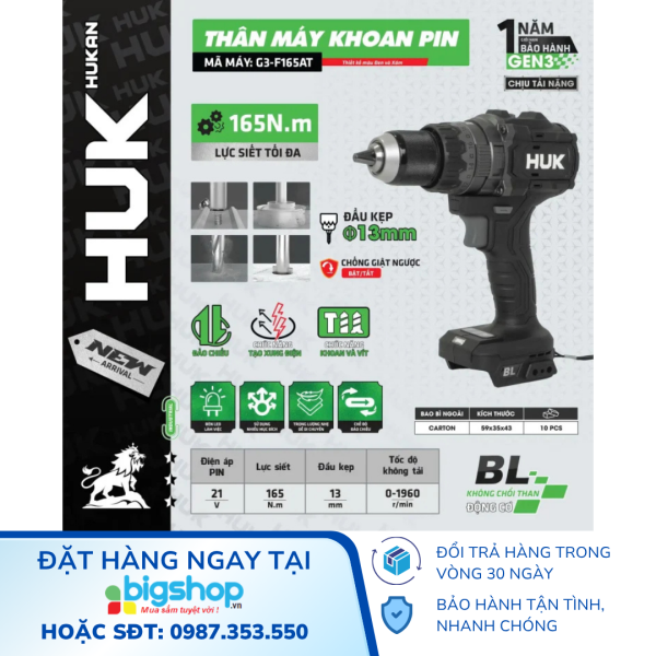 Máy khoan pin 21V, 3 chức năng HUKAN G3-F165AT (GEN 3, 165Nm) - Thân máy