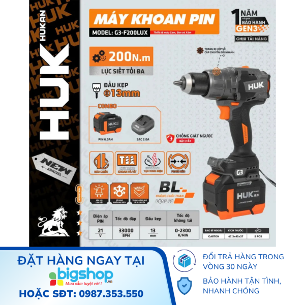 Máy khoan pin 21V, 3 chức năng HUKAN G3-F200LUX (GEN 3, 200Nm)