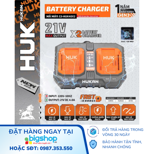 Bộ đôi sạc pin nhanh 4.0Ah HUKAN G3-HUK40X2 (GEN 3, có quạt tản nhiệt)