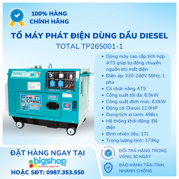 Tổ máy phát điện dùng dầu diesel 6.5kW TOTAL TP265001-1