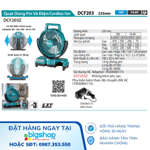 Quạt dùng pin và điện Makita DCF203Z (18V) - Chưa bao gồm pin, sạc