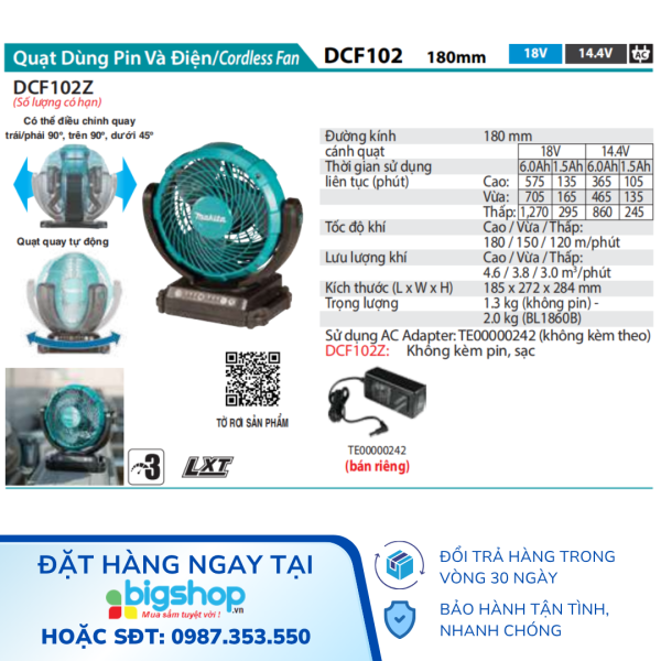 Quạt dùng pin Makita DCF102Z (18V, 180mm) - Chưa bao gồm pin, sạc
