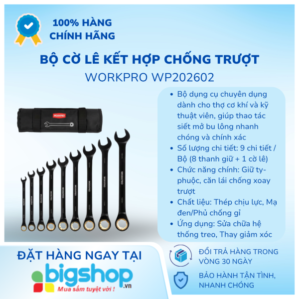 Bộ cờ lê kết hợp chống trượt 9 món Workpro WP202602