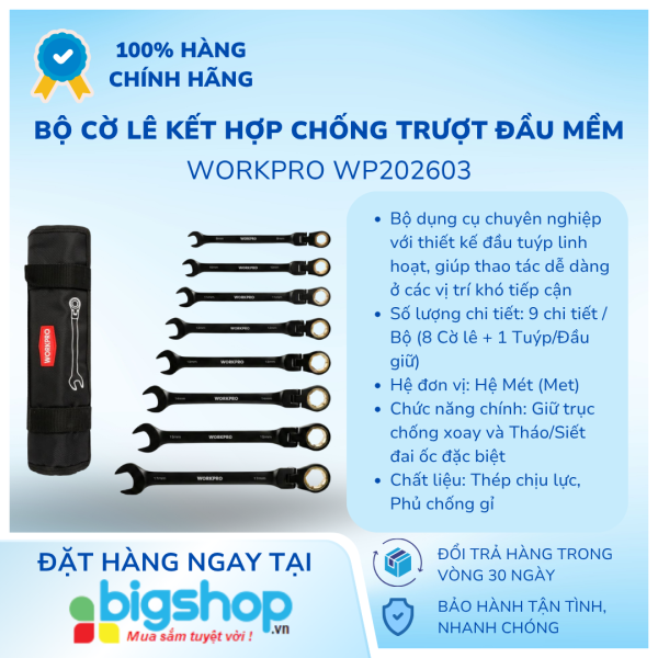 Bộ cờ lê kết hợp chống trượt đầu mềm 8 món Workpro WP202603