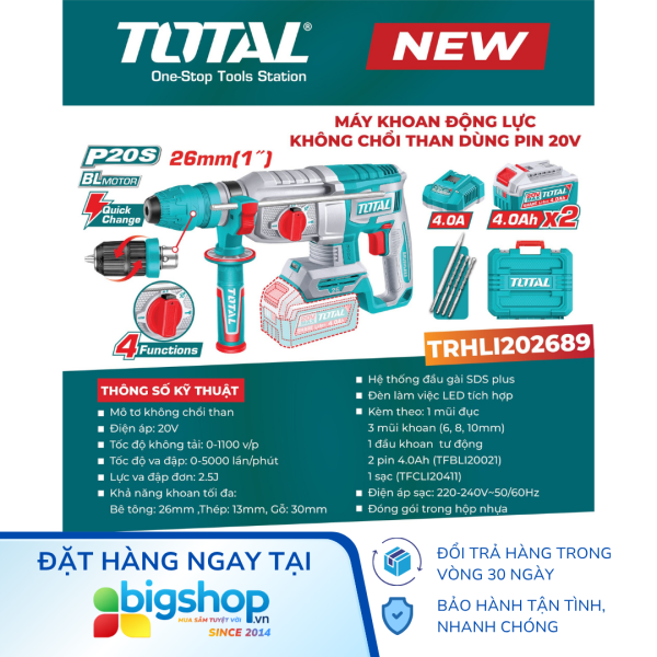 Máy khoan động lực dùng pin 20V TOTAL TRHLI202689