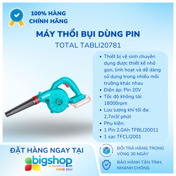 Máy thổi bụi dùng pin 20V TOTAL TABLI20781 (1 Pin 2.0Ah, 1 Sạc)