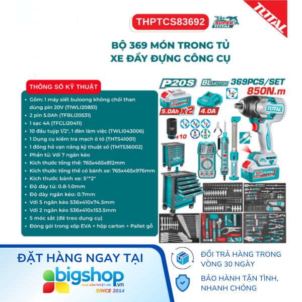 Bộ 369 Món Trong Tủ Xe Đẩy Đựng Công Cụ TOTAL THPTCS83692