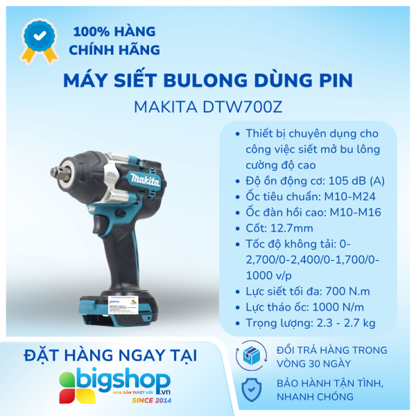 Máy siết bulong dùng pin 18V Makita DTW700Z (Lực siết 700Nm)