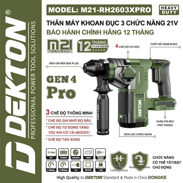 Máy khoan bê tông pin Dekton M21-RH2603XPRO (thân máy) 