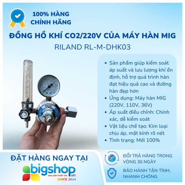 Đồng hồ khí CO2/220V của máy hàn Mig Riland RL-M-DHK03