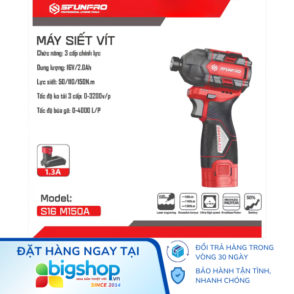 Máy siết vít dùng pin 16V SFUNPRO S16 M150A (150Nm) - 2 pin 2.0Ah và 1 sạc