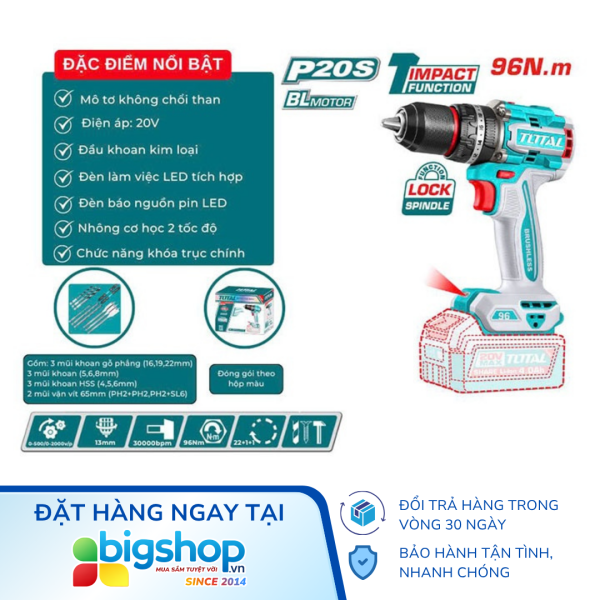 Máy khoan búa dùng pin 20V TOTAL TIDLI209681 (Lực siết 96Nm - Thân máy)