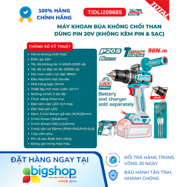 Máy khoan búa dùng pin 20V TOTAL TIDLI209685 - 96Nm, Chưa bao gồm pin, sạc