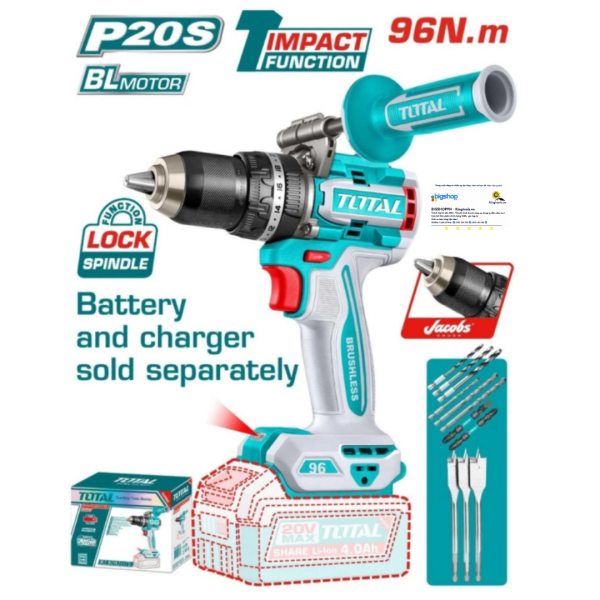 Máy khoan búa dùng pin 20V TOTAL TIDLI209685 - 96Nm, Chưa bao gồm pin, sạc