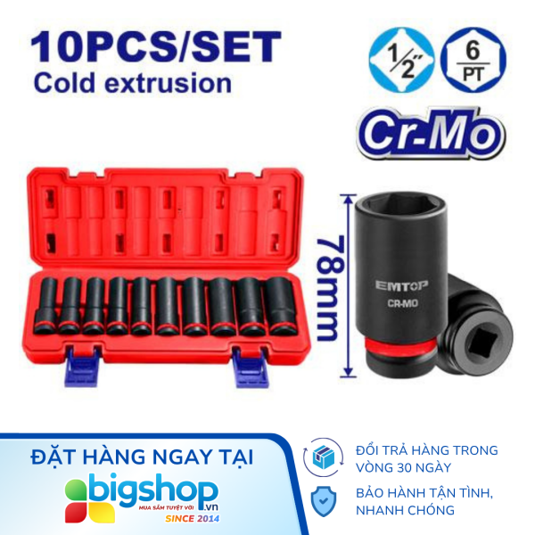 Bộ 10 đầu tuýp dài 1/2 inch EMTOP EMSS12102L
