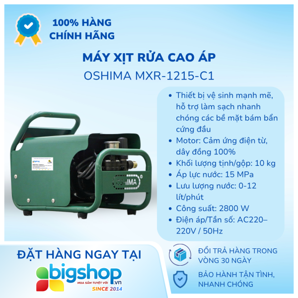 Máy xịt rửa cao áp OSHIMA MXR-1215-C1 (Công suất 2800W)
