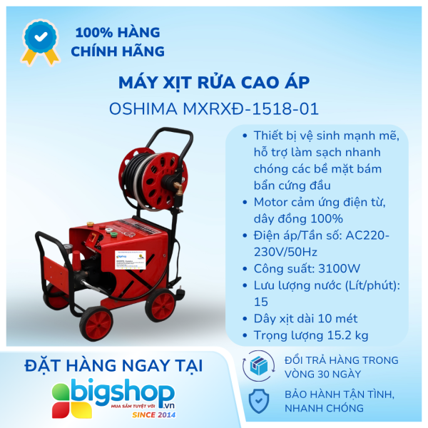 Máy xịt rửa cao áp OSHIMA MXRXĐ-1518-01 (Công suất 3100W)