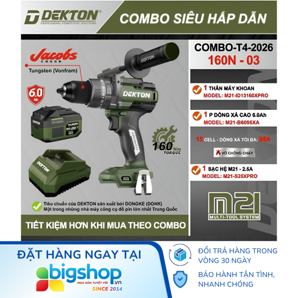 Combo máy khoan động lực dùng pin 21V DEKTON M21-ID13160XPRO (1 pin 6.0Ah M21-B6095XA và 1 sạc M21-S25XPRO)