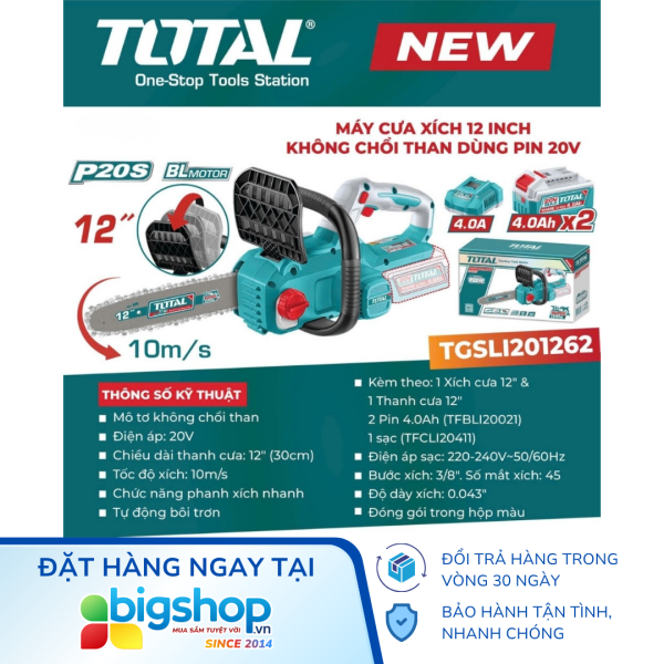 Máy cưa xích dùng pin 12 inch TOTAL TGSLI201262 (2 pin 4.0Ah và 1 sạc)