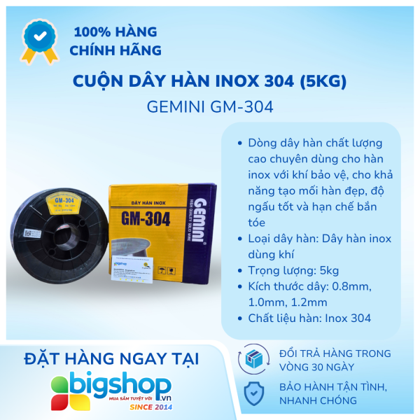 Cuộn dây hàn inox 304 5kg GEMINI GM-304 (dùng khí, đủ size)