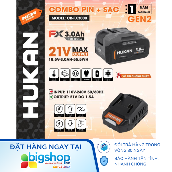 Combo pin 3.0Ah và sạc 1.5Ah HUKAN CB-FX3000 (GEN 2)