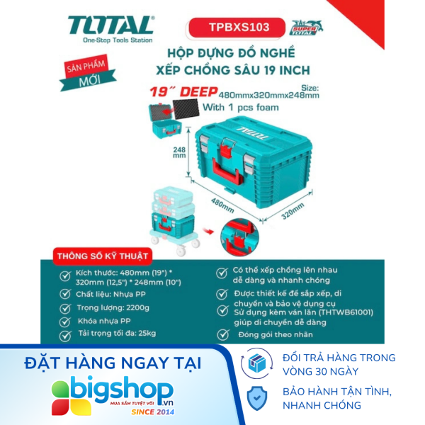 Hộp đựng đồ nghề xếp chồng sâu 19 inch TOTAL TPBXS103