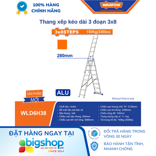 Thang xếp kéo dài 3 đoạn 3x8 bậc WADFOW WLD6H38