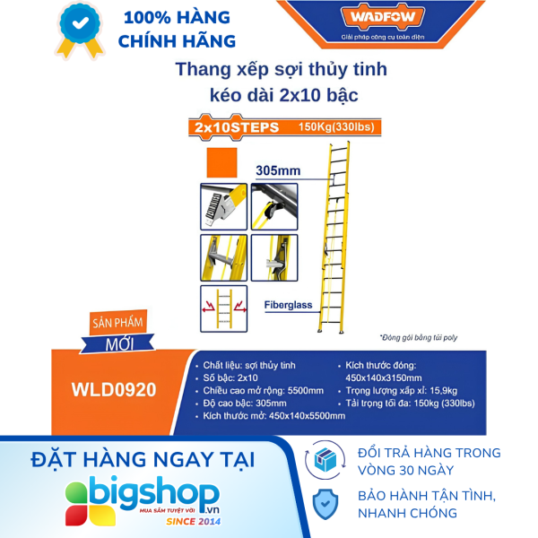 Thang xếp sợi thủy tinh kéo dài 2x10 bậc WADFOW WLD0920