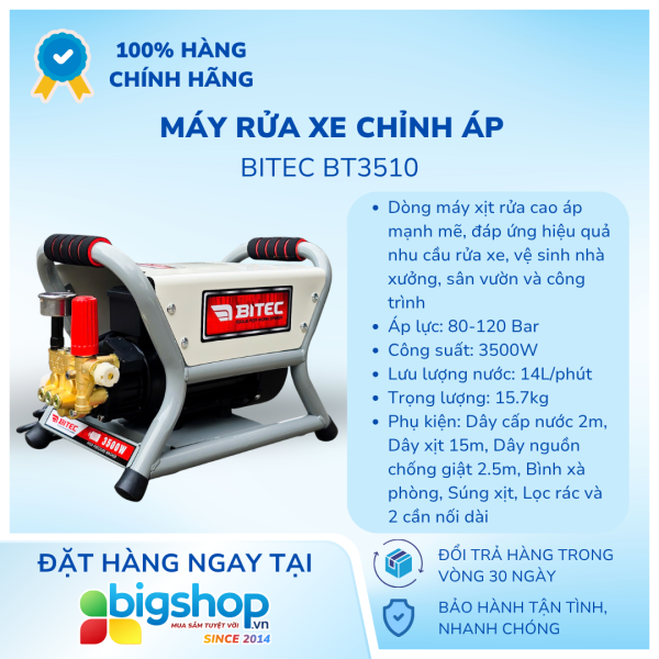 Máy rửa xe chỉnh áp BITEC BT3510 (Công suất 3500W)